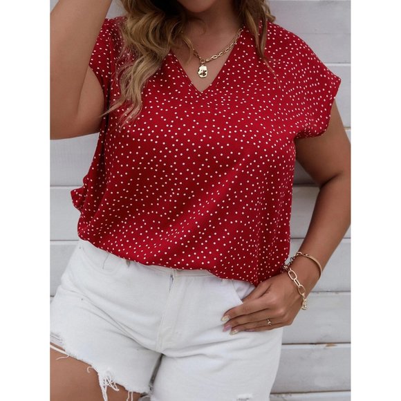 SHEIN Tops - Shein Curve V-Neck Top Short Sleeve Retro Polka Dot Red XL